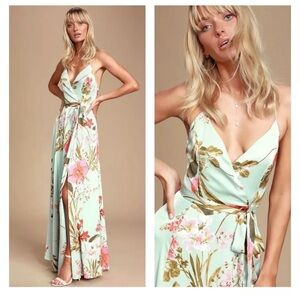 NWT Lulus Green Floral Satin Maxi Dress with Slit